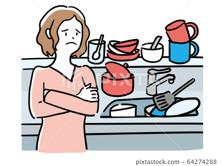 麻煩在充滿洗滌的廚房裡的女人 64274288
