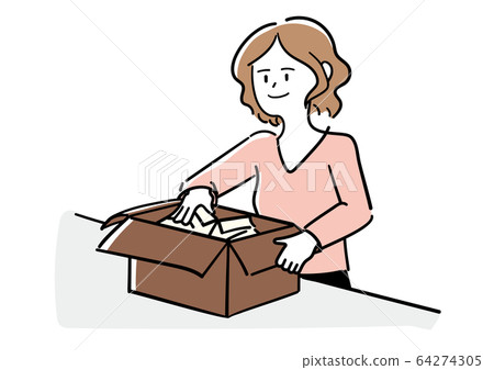 Woman putting shirt on cardboard 64274305