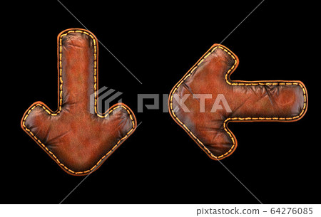 Set of symbols arrow to down and left arrow made of leather. 3D render font with skin texture isolated on black background. 64276085