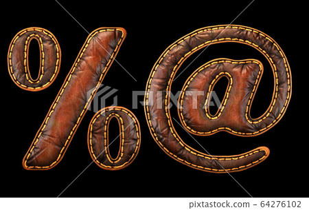 Set of symbols percent and at made of leather. 3D render font with skin texture isolated on black background. Set of symbols percent and at made of leather. 3D render font with skin texture isolated on black background. 64276102