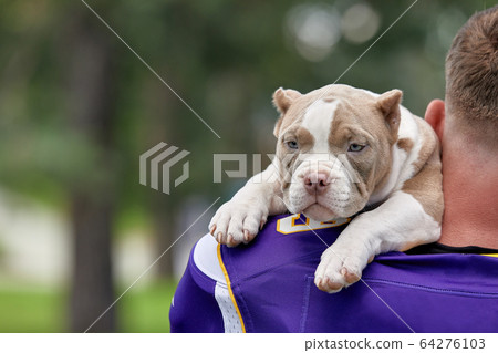 American football player with a dog posing on camera in a park. Copy space, sports banner. Concept american football, sport for the protection of animals. 64276103