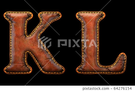 Set of leather letters K, L uppercase. 3D render font with skin texture isolated on black background. Set of leather letters K, L uppercase. 3D render font with skin texture isolated on black background. 64276154