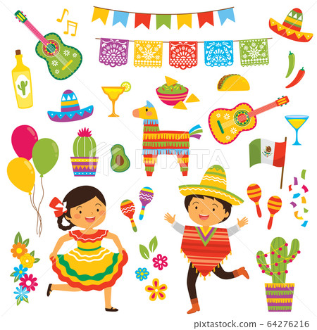 Cinco de Mayo clipart set with people in traditional Mexican costumes and a collection of the holiday symbols 64276216