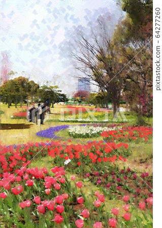 禦台場，在標誌散步公園的鬱金香花。流動的花壇（3月），東京江東區 64277260