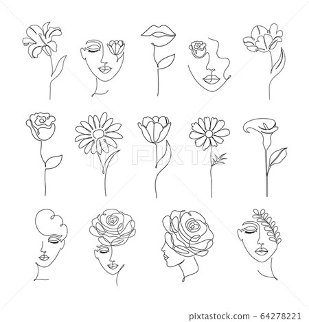 flowers and women in one line drawing style 64278221
