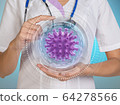 Abstract Cell under the microscope in the hands of a doctor. Virus cells. Abstract Flu COVID-19 virus cell under the microscope 64278566