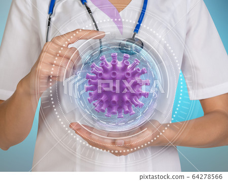 Abstract Cell under the microscope in the hands of a doctor. Virus cells. Abstract Flu COVID-19 virus cell under the microscope Abstract Cell under the microscope in the hands of a doctor. Virus cells. Abstract Flu COVID-19 virus cell under the microscope 64278566