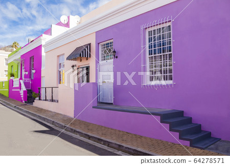 Stunning view of Bo Kaap District, one of the most colorful neighborhoods in Cape Town, South Africa Stunning view of Bo Kaap District, one of the most colorful neighborhoods in Cape Town, South Africa 64278571
