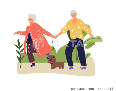 Senior couple walks in park with dog. Cartoon... - Stock Illustration ...