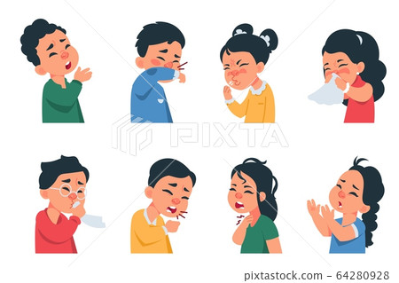 Sneezing kids. Cartoon boys and girls characters coughing and catching flu, coronavirus disease symptoms and prevention concept. Vector kids infection Sneezing kids. Cartoon boys and girls characters coughing and catching flu, coronavirus disease symptoms and prevention concept. Vector kids infection 64280928