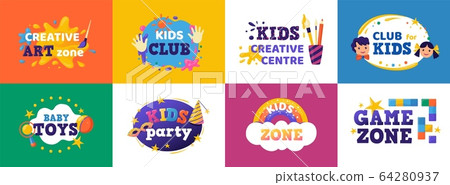 Kids club banner. Children play zone and kids toys signs, colorful fun badges for toy store, education room clubs and entertainment zone. Vector set Kids club banner. Children play zone and kids toys signs, colorful fun badges for toy store, education room clubs and entertainment zone. Vector set 64280937