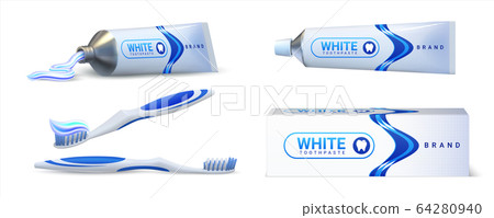 Toothpaste. Realistic 3D tube packaging mockup with brand identity and dental care advertisement. Vector oral hygiene products set 64280940