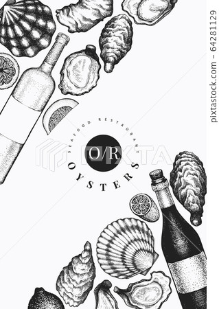 Oysters and wine design template. Hand drawn Oysters and wine design template. Hand drawn 64281129