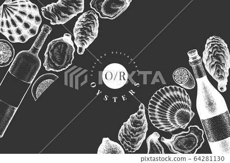 Oysters and wine design template. Hand drawn Oysters and wine design template. Hand drawn 64281130