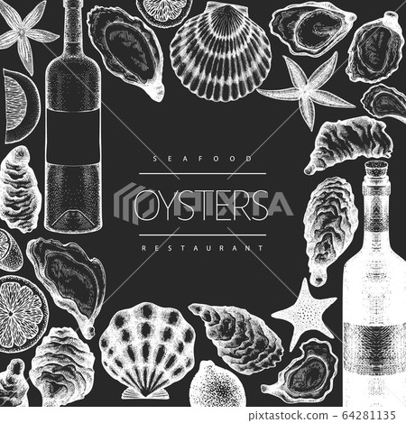 Oysters and wine design template. Hand drawn Oysters and wine design template. Hand drawn 64281135