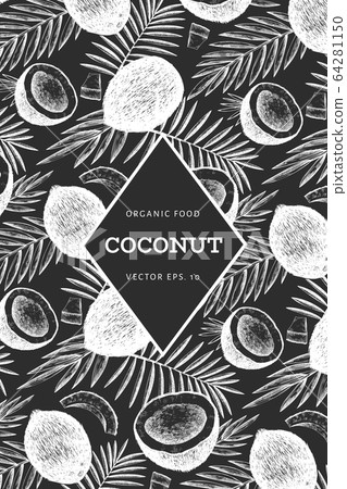 Coconut with palm leaves design template. Hand 64281150