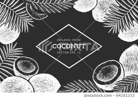 Coconut with palm leaves design template. Hand Coconut with palm leaves design template. Hand 64281153