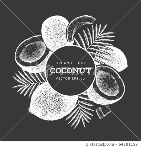 Coconut with palm leaves design template. Hand Coconut with palm leaves design template. Hand 64281159