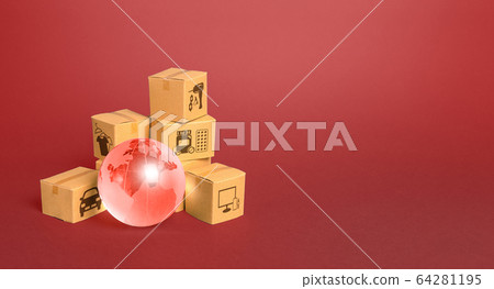 Red glass globe and cardboard boxes. Delivery of goods, shipping. Global economy, import export freight traffic. Globalization markets. Economics development. International world trade distribution Red glass globe and cardboard boxes. Delivery of goods, shipping. Global economy, import export freight traffic. Globalization markets. Economics development. International world trade distribution 64281195
