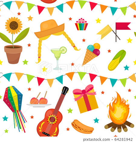 Festa Junina seamless pattern. Brazilian Latin American festival endless background. Repeating texture with traditional symbols. illustration. Festa Junina seamless pattern. Brazilian Latin American festival endless background. Repeating texture with traditional symbols. illustration. 64281942