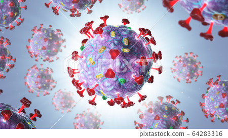 3D render of Corona VIRUS 2019nCoV has been discovered first time in January 2020 in China town Wuhan. Close-up from microscope of coronavirus. 64283316
