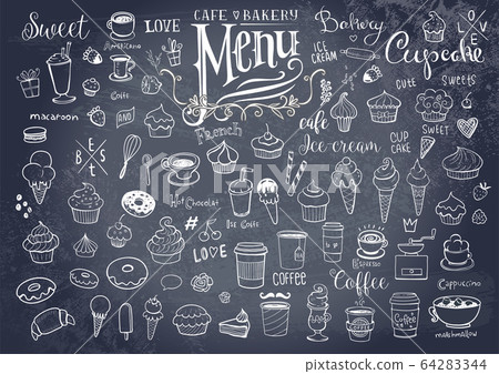 Drawings of various objects for cafes or bakery 64283344