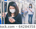 Young asian woman wearing protective face mask using smartphone in underground train 64284358