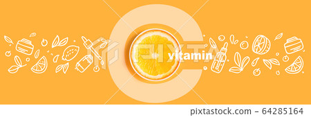 Glass bottle for cosmetics, serums and oils with vitamin C on yellow background Image with Doodle style icons image Flat lay 64285164