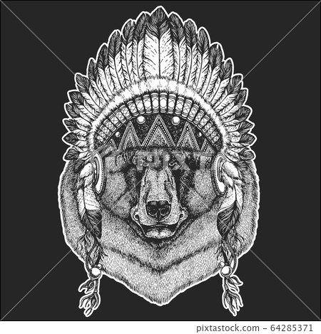 Wild bear. Indian tribal traditional headdress with feathers. Portrait of animal for emblem, logo, tee shirt. 64285371