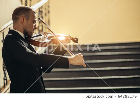 talented professional violinist play in the hall 64288179