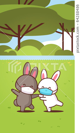 cute rabbits couple wearing mask to prevent coronavirus happy easter bunnies having fun spring 64288486