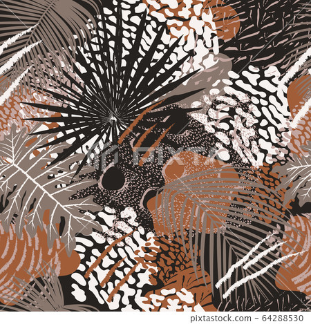 Tropical leaves and birds plumage seamless pattern Tropical leaves and birds plumage seamless pattern 64288530