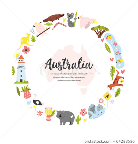 Tourist poster with symbols, animals of Australia 64288586