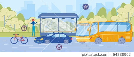 Woman on City Street Choose Bicycle, Car or Bus 64288902