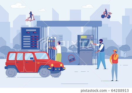 People Refuel Car Buy Petrol at Petrol Station 64288913