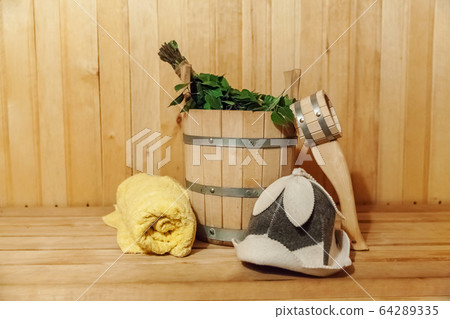 Interior details Finnish sauna steam room Interior details Finnish sauna steam room 64289335