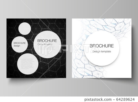 Vector layout of two square format covers design templates for brochure, flyer. Digital technology and big data concept with hexagons, connecting dots and lines, polygonal science medical background. 64289624