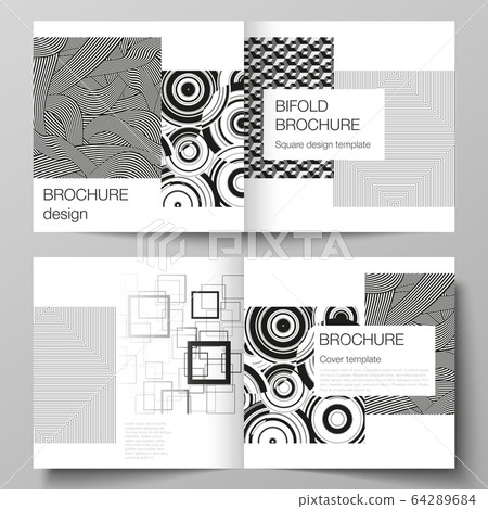 The vector layout of two covers templates for square design bifold brochure, magazine, flyer, booklet. Trendy geometric abstract background in minimalistic flat style with dynamic composition. 64289684