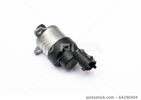 Electromagnetic metering valve of the vehicle's fuel pump on an isolated white background. Common rail control valve. Electromagnetic metering valve of the vehicle's fuel pump on an isolated white background. Common rail control valve. 64290404