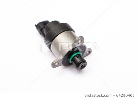 Electromagnetic metering valve of the vehicle's fuel pump on an isolated white background. Common rail control valve. Electromagnetic metering valve of the vehicle's fuel pump on an isolated white background. Common rail control valve. 64290405