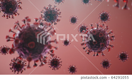 Outbreak of coronavirus, flu virus and COVID-19. Concept of a pandemic, epidemic for human cells. COVID-19 under the microscope, pathogen affecting the respiratory system, 3d illustration Outbreak of coronavirus, flu virus and COVID-19. Concept of a pandemic, epidemic for human cells. COVID-19 under the microscope, pathogen affecting the respiratory system, 3d illustration 64291055