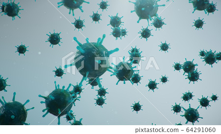Outbreak of coronavirus, flu virus and COVID-19. Concept of a pandemic, epidemic for human cells. COVID-19 under the microscope, pathogen affecting the respiratory system, 3d illustration Outbreak of coronavirus, flu virus and COVID-19. Concept of a pandemic, epidemic for human cells. COVID-19 under the microscope, pathogen affecting the respiratory system, 3d illustration 64291060