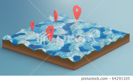Cross section 3D Map with red point markers. Contour lines on a topographic map. Studying the geography of the area: hills, mountains and plains. Pointers on map, navigation concept, 3d illustration 64291105