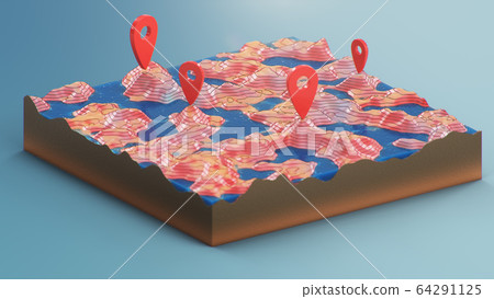 Red pointers, markers on the 3D map navigation. Contour lines on a topographic map. Studying the geography of the area: hills, mountains and plains. Cartography map on blue background, 3d illustration 64291125