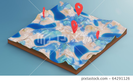 Cross section 3D Map with red point markers. Contour lines on a topographic map. Studying the geography of the area: hills, mountains and plains. Pointers on map, navigation concept, 3d illustration Cross section 3D Map with red point markers. Contour lines on a topographic map. Studying the geography of the area: hills, mountains and plains. Pointers on map, navigation concept, 3d illustration 64291126
