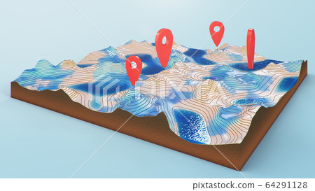 Red pointers, markers on the 3D map navigation. Contour lines on a topographic map. Studying the geography of the area: hills, mountains and plains. Cartography map on blue background, 3d illustration 64291128