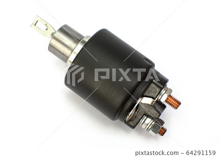 Starter solenoid for car isolated on white background. Auto spare parts. Starter solenoid for car isolated on white background. Auto spare parts. 64291159