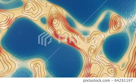 3d illustration topographic 3D map with water. Contour lines on a topographic map. Studying the geography of the area: hills, mountains and plains. Cartography concept, mountain hiking. 64291197