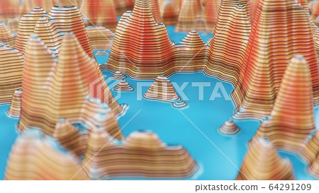 Topographic 3D map of dangerous mountain terrain. Contour lines on a topographic map. Studying geography of area: hills, mountains and plains. Cartography concept, mountain hiking, 3d illustration 64291209