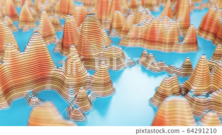 Topographic 3D map of dangerous mountain terrain. Contour lines on a topographic map. Studying geography of area: hills, mountains and plains. Cartography concept, mountain hiking, 3d illustration Topographic 3D map of dangerous mountain terrain. Contour lines on a topographic map. Studying geography of area: hills, mountains and plains. Cartography concept, mountain hiking, 3d illustration 64291210